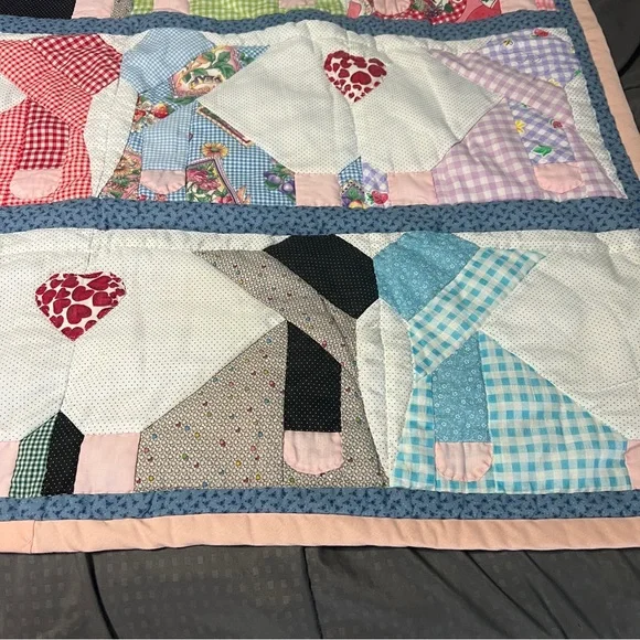 sun bonnet girl quilt 40" X 43" Multi Color With Pink Border Smallish Size